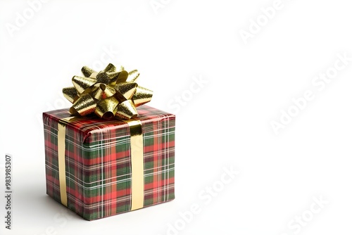 A red and green plaid box with a gold bow on top of it