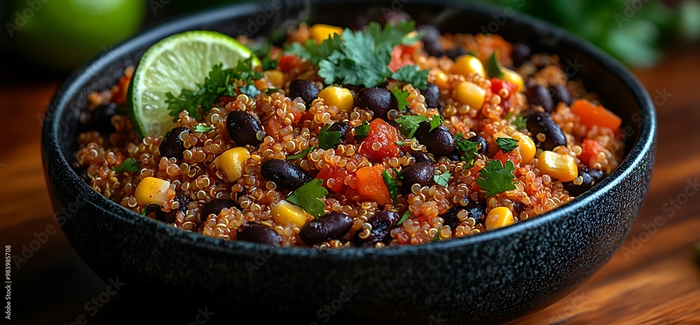 Bowl of quinoa with black beans, corn, and red bell peppers, garnished with cilantro and lime wedge.