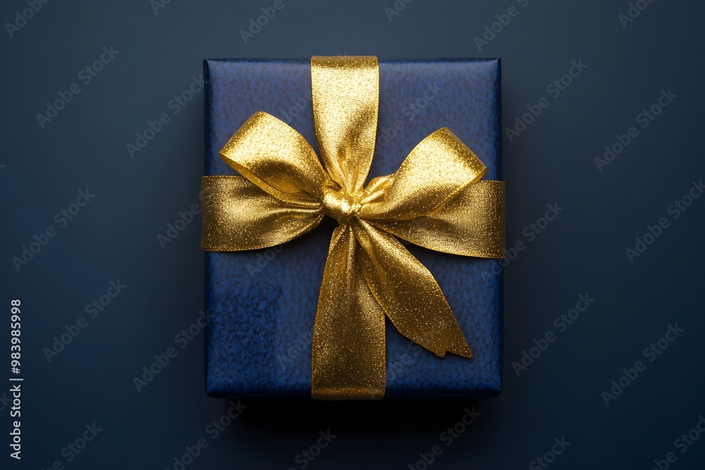 A blue box with a gold ribbon tied around it A blue box with a gold ribbon tied around it