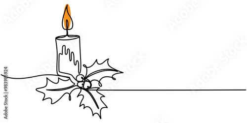 Christmas red candles with holly berry vector hand drawn sketch, doodle, color illustration for xmas. One continuous line art drawing, background, banner, poster with red candles, Abstract candle