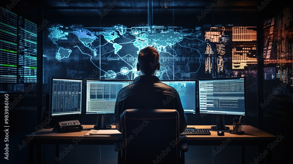 Close-up Shot of man IT Engineer Working in Monitoring Room. He Works with Multiple Displays. Data analytics. Ai generative Close-up Shot of man IT Engineer Working in Monitoring Room. He Works with Multiple Displays. Data analytics. Ai generative