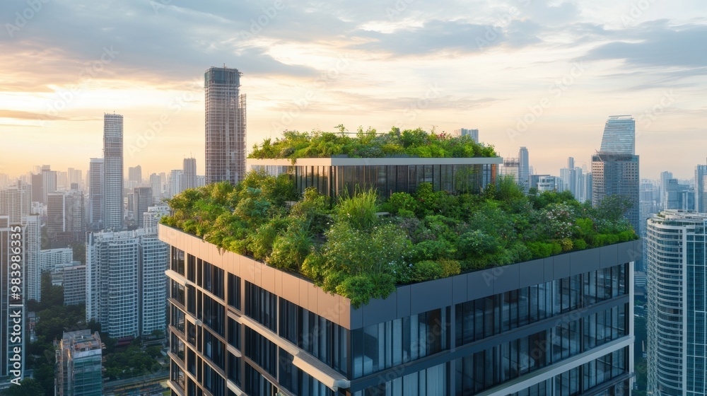 Obraz premium A stunning green rooftop garden cityscape featuring vibrant urban agriculture thriving atop buildings