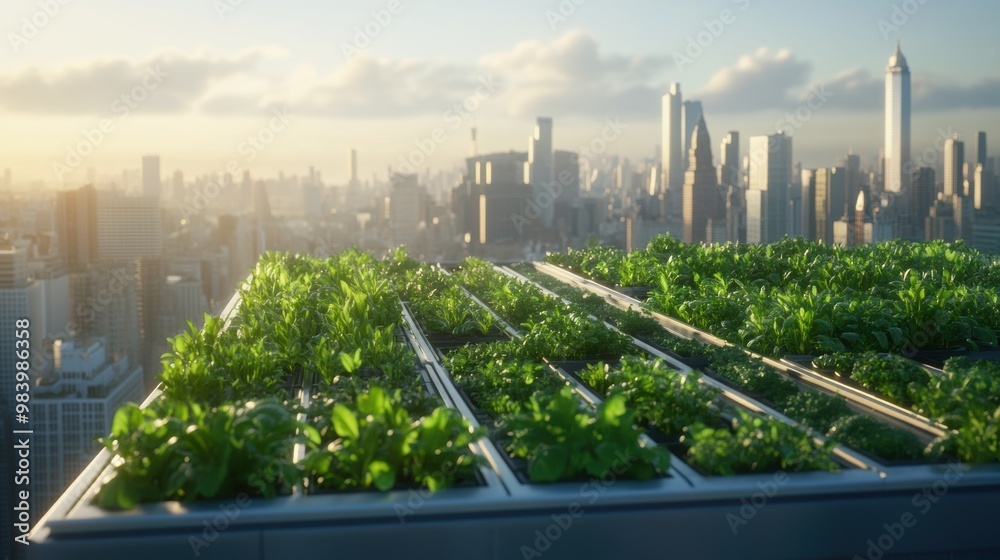 Fototapeta premium A stunning green rooftop garden cityscape featuring vibrant urban agriculture thriving atop buildings