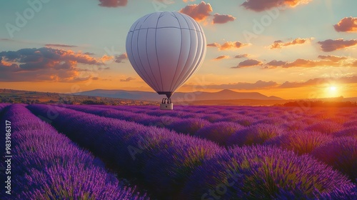 An off-white painted hot air balloon floating over a lavender field at sunset, casting a shadow over the purple blooms photo