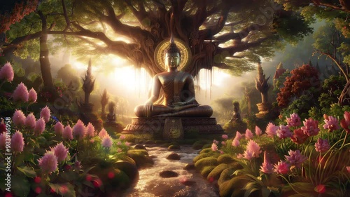 Harmony, relaxation, peace, tranquility, spirituality. Buddha under the Bodhi tree, day, nature, beauty.