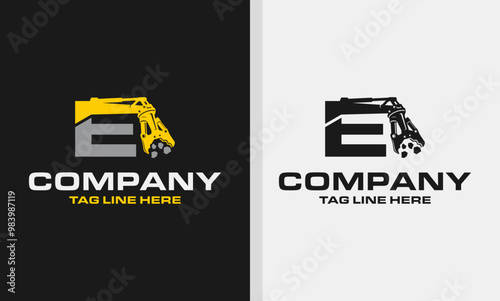 Letter E Excavator Demolition , Construction Machinery Logo Design 