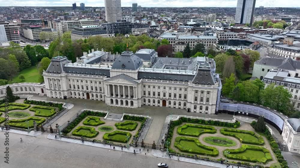 Aerial view of the Royal Palace of Brussels ( Palais de Bruxelles ) and the Cityscape in Belgium. Museums and Famous Landmarks Around Centre and Town Hall in 4K drone panoramic. Europa from Above