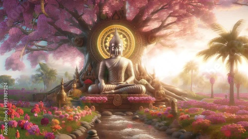 Silence, harmony, relaxation, peace. Buddha under the Bodhi tree, footage, beautiful nature, sakura.