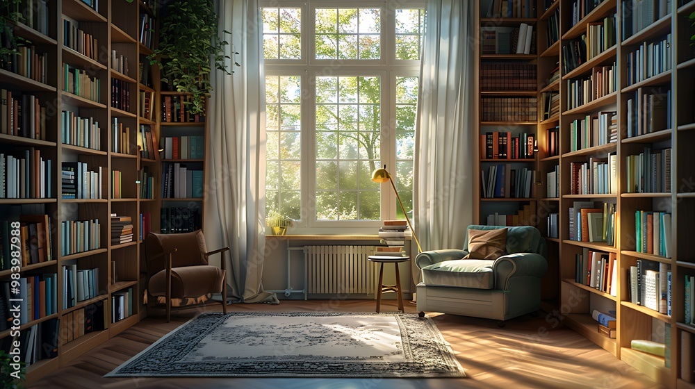 Intimate home library scene with comfortable seating, a collection of books in various colors on tall bookshelves, and natural light flooding the space from a nearby window Intimate home library scene with comfortable seating, a collection of books in various colors on tall bookshelves, and natural light flooding the space from a nearby window