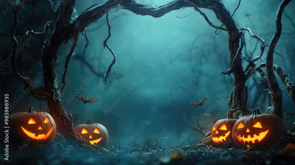 Gnarled tree branches form a spooky frame, flanked by glowing jack-o-lanterns that illuminate the sides with their sinister grins.