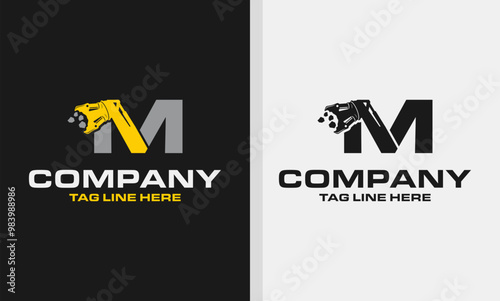 Letter M Excavator Demolition , Construction Machinery Logo Design 