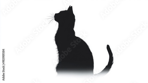 A black cat sits calmly on a white background, its relaxed posture exuding comfort and tranquility.