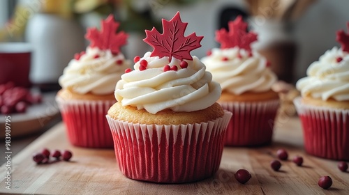 Canadian Maple Leaf Cupcakes with Whipped Frosting Generative AI