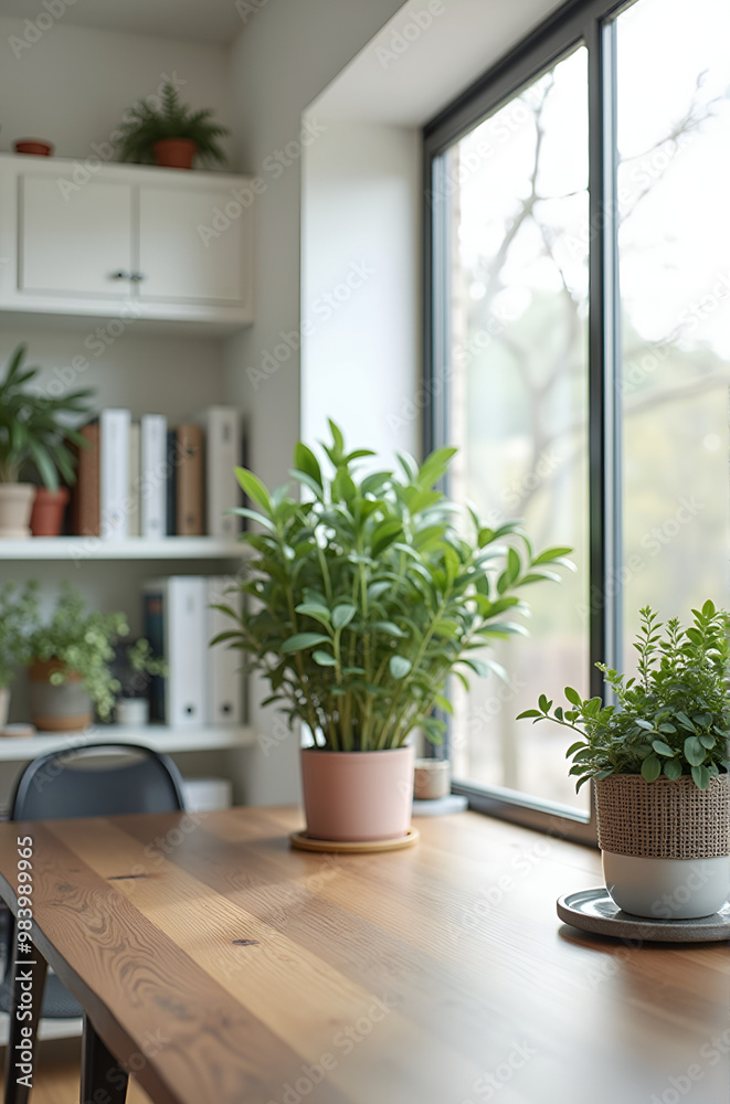 A bright interior with lush green plants and bookshelves, representing a cozy home office A bright interior with lush green plants and bookshelves, representing a cozy home office