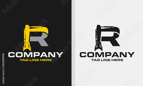 Letter R Excavator Demolition , Construction Machinery Logo Design 