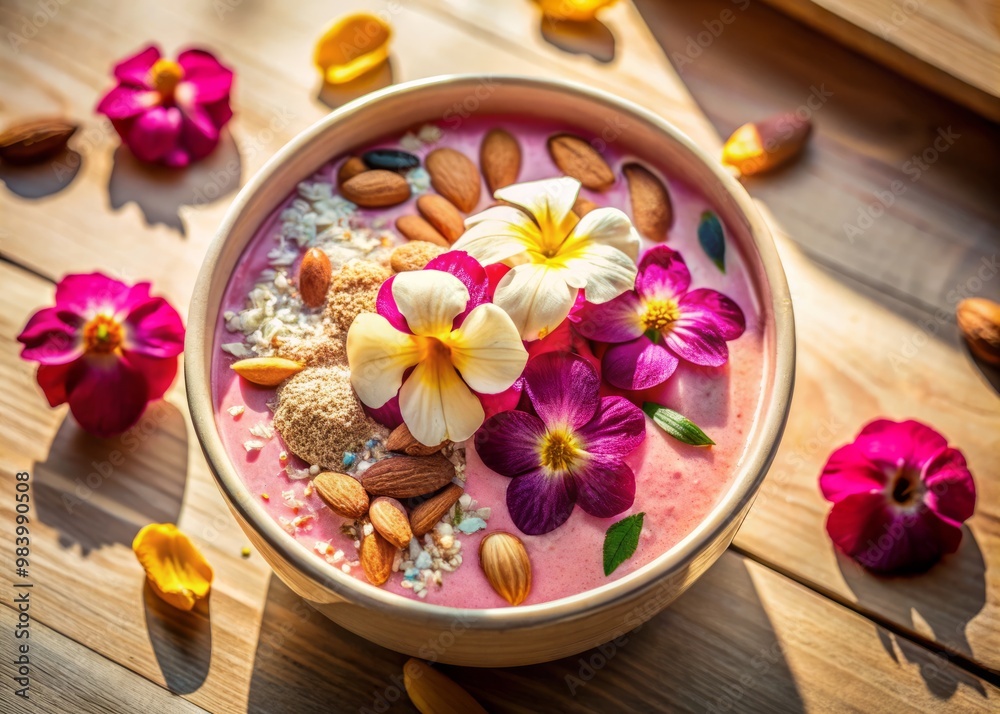 Morning sunshine pours onto a stunning smoothie bowl, featuring a velvety-smooth pink base topped with an edible flower arrangement, crunchy almonds Morning sunshine pours onto a stunning smoothie bowl, featuring a velvety-smooth pink base topped with an edible flower arrangement, crunchy almonds