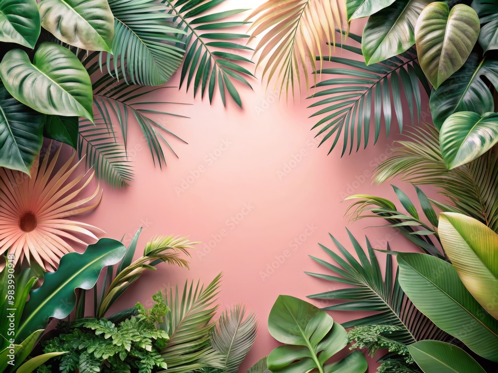 A beautiful and serene design featuring a soft pink gradient at the center surrounded by a lush arrangement of tropical leaves in shades of green and a touch of blue calm and soothing ambiance A beautiful and serene design featuring a soft pink gradient at the center surrounded by a lush arrangement of tropical leaves in shades of green and a touch of blue calm and soothing ambiance