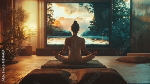 A serene scene of a woman practicing yoga indoors, holding a deep forward bend, while her large TV screen displays a calming yoga instructor. The living room is bathed in warm, natural light with