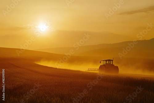 A tractor spraying a field with fertilizers or pesticides at sunset leaving a misty trail behind