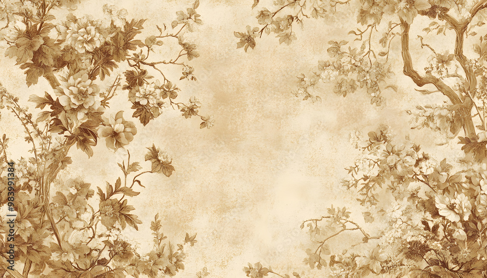 Fototapeta premium A sepia-toned wallpaper featuring antique floral patterns and ornate frames, offering a nostalgic charm