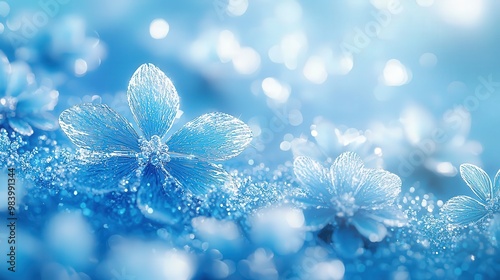 An exquisite winter-themed background with a multitude of blue snowflakes scattered across a soft, cool blue canvas. The snowflakes are intricately designed, each one catching the light with a subtle