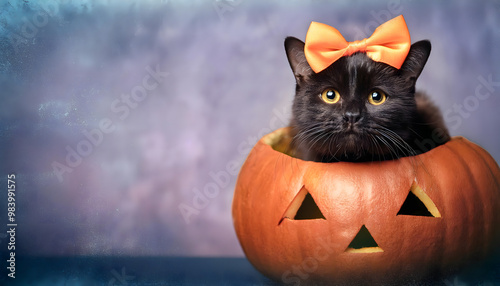 black, cat, sitting, in, a, jack-o-lantern, halloween, with, ribbon, headdress, custome, orange, on, a, solid, purple, background, vintage, style, cute, photo, macro, studio, copy space, new, card, 1