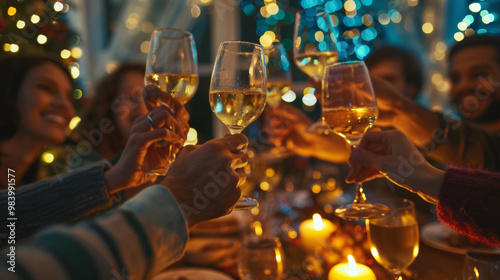 Cheers to friendship and celebration as diverse group of friends toasts with glasses of sparkling wine around beautifully decorated table.