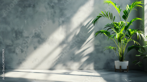 Modern Minimalist Interior with Natural Light and Greenery, Empty wall for text