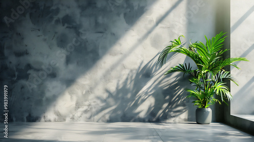 Modern Minimalist Interior with Natural Light and Greenery, Empty wall for text