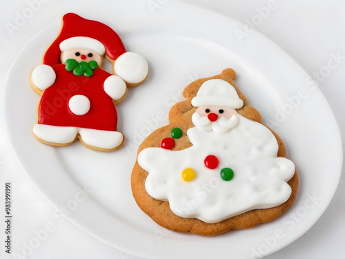 santa claus cookies on white plate, santa claus cartoon on white background