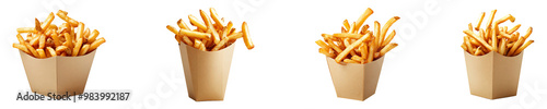 Set, collection of Floating French fries falling into a paper box isolated on transparent background.