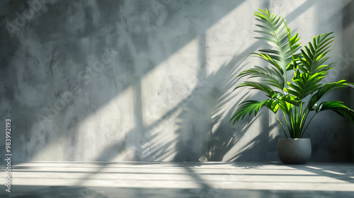 Modern Minimalist Interior with Natural Light and Greenery, Empty wall for text