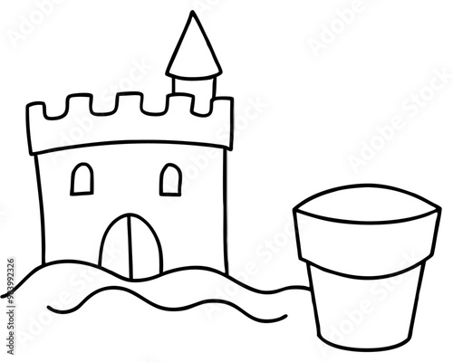 sand castle and bucket outline coloring book page line art drawing