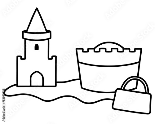 sand castle and bucket outline coloring book page line art drawing