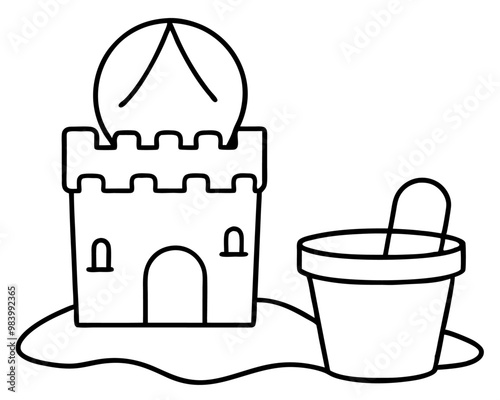 sand castle and bucket outline coloring book page line art drawing