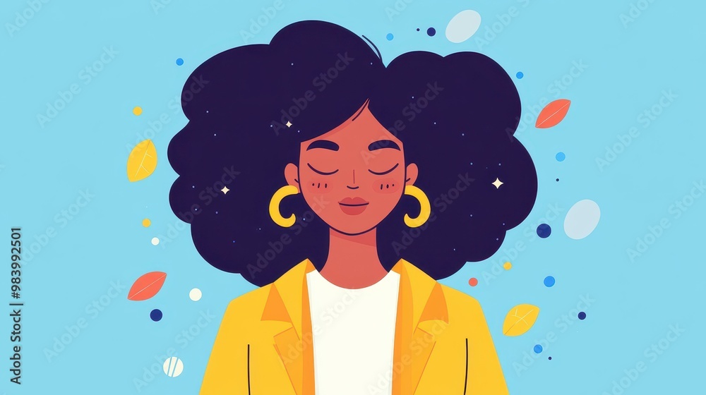 This vibrant flat design features a young Afro woman, ideal for a captivating avatar or character icon. This vibrant flat design features a young Afro woman, ideal for a captivating avatar or character icon.