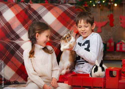 Children playing with a rabbit on Christmas. Brother and sister are playing happily with their pets. The boy holds a rabbit in his arms.