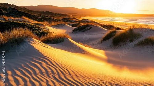 Fototapeta Naklejka Na Ścianę i Meble -  Rolling sand dunes at a beach with golden sunlight casting long shadows over the landscape at sunset, a peaceful coastal scene