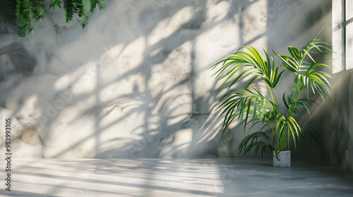 Modern Minimalist Interior with Natural Light and Greenery, Empty wall for text