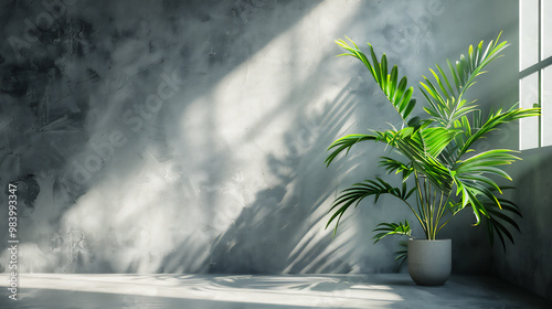 Modern Minimalist Interior with Natural Light and Greenery, Empty wall for text