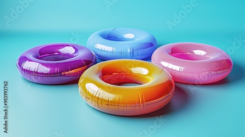 Colorful Inflatable Pool Rings on Blue Background for Summer Fun photo