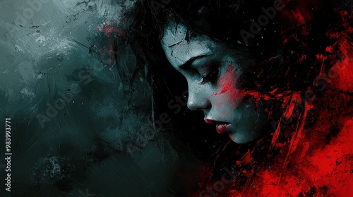 A powerful abstract representation of a woman face, gradually eroding into a chaotic blend of dark colors and shapes. The disintegration of her visage conveys the consuming nature of sadness and