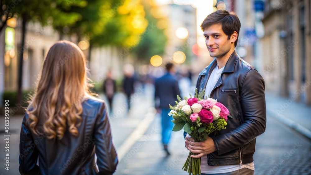 A young handsome man gives a bouquet of flowers to a woman on a city street. A young handsome man gives a bouquet of flowers to a woman on a city street.