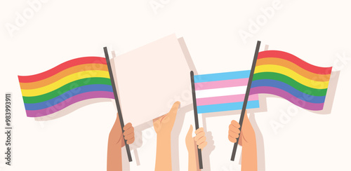 People hold LGBT Pride signs. Hands holding rainbow flag vector illustration
