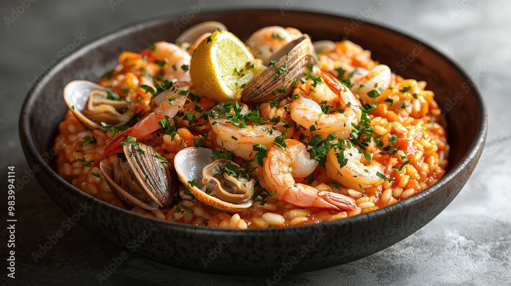 A delicious bowl of risotto alla marinara with succulent seafood. The creamy risotto is infused with the rich flavors of shrimp, clams, and squid. Fresh herbs and a dash of lemon zest provide the A delicious bowl of risotto alla marinara with succulent seafood. The creamy risotto is infused with the rich flavors of shrimp, clams, and squid. Fresh herbs and a dash of lemon zest provide the