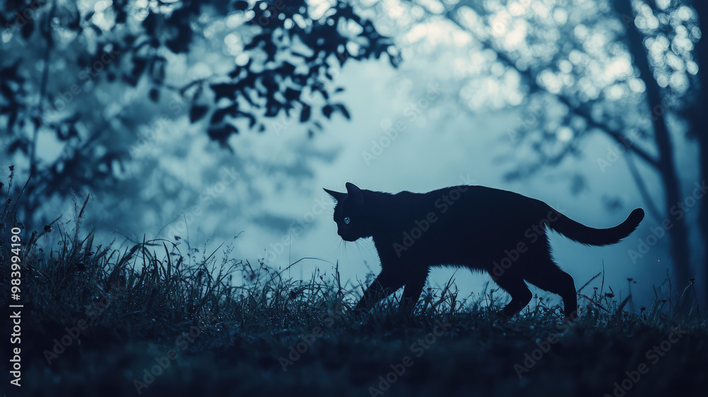 Silhouette of a black cat walking gracefully through a spooky forest.