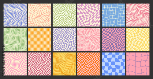 Groovy checkered pattern, colorful distorted tiled grid. Vintage wavy curved backdrop, distortion effect. Funky geometric chessboard texture, retro background in 90s style, y2k. Vector illustration