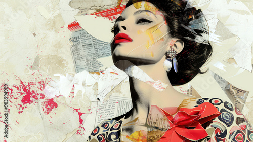 Retro collage with a close-up portrait of a vintage actress model with red lipstick on background with newspaper cutouts and space for text. Classic red and black color scheme.