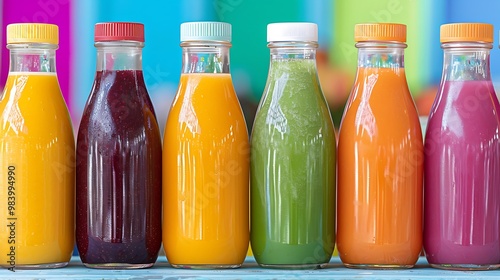 Colorful Fruit Juices in Glass Bottles on Wooden Table