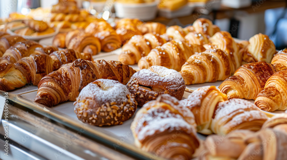 Delicious display of freshly baked pastries and croissants in a cozy bakery during the morning rush Delicious display of freshly baked pastries and croissants in a cozy bakery during the morning rush